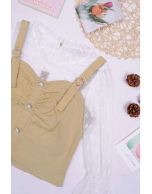White Mesh Sleeve Pearl Details One Piece Ruched Top (Khaki)